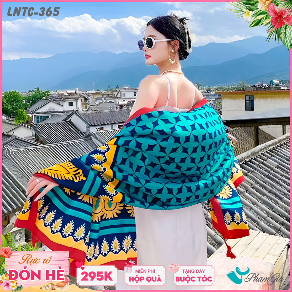 Khăn Choàng Linen Boho Họa Tiết Thổ Cẩm Màu Xanh Navy Tươi Mới