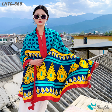 Khăn Choàng Linen Boho Họa Tiết Thổ Cẩm Màu Xanh Navy Tươi Mới (LNTC365)