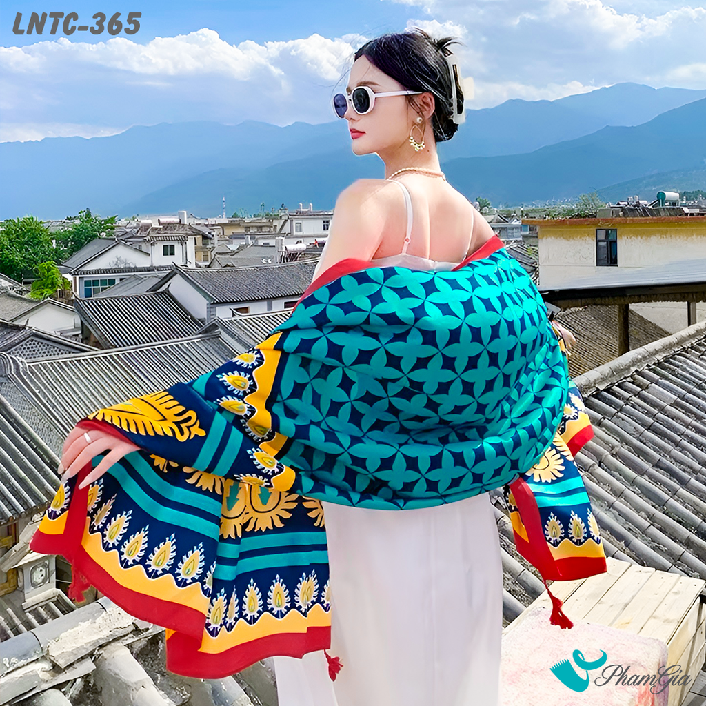 Khăn Choàng Linen Boho Họa Tiết Thổ Cẩm Màu Xanh Navy Tươi Mới
