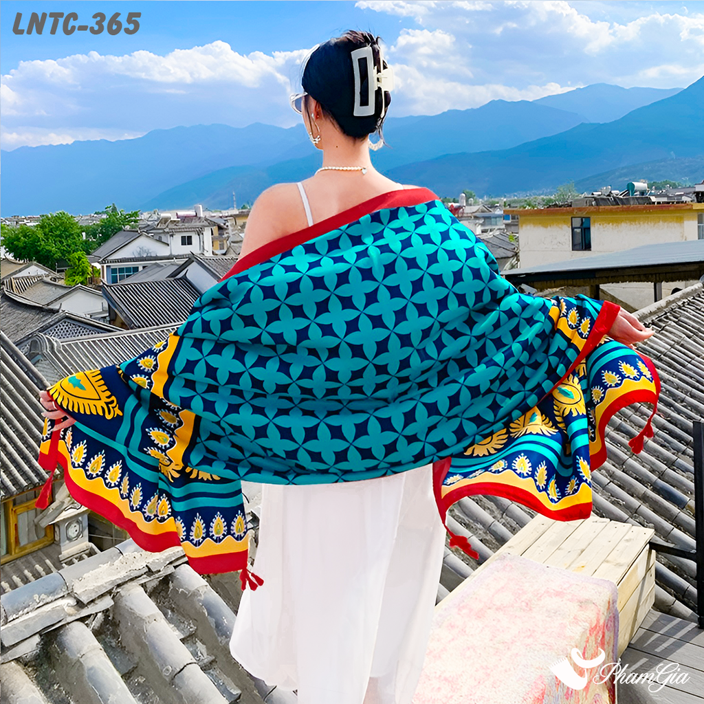 Họa Tiết Khăn Choàng Linen Boho Họa Tiết Thổ Cẩm Màu Xanh Navy Tươi Mới