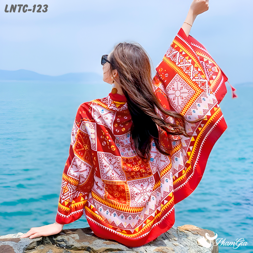 Khăn Choàng Linen Boho Họa Tiết Thổ Cẩm Mosiac Màu Đỏ Cam Rực Rỡ