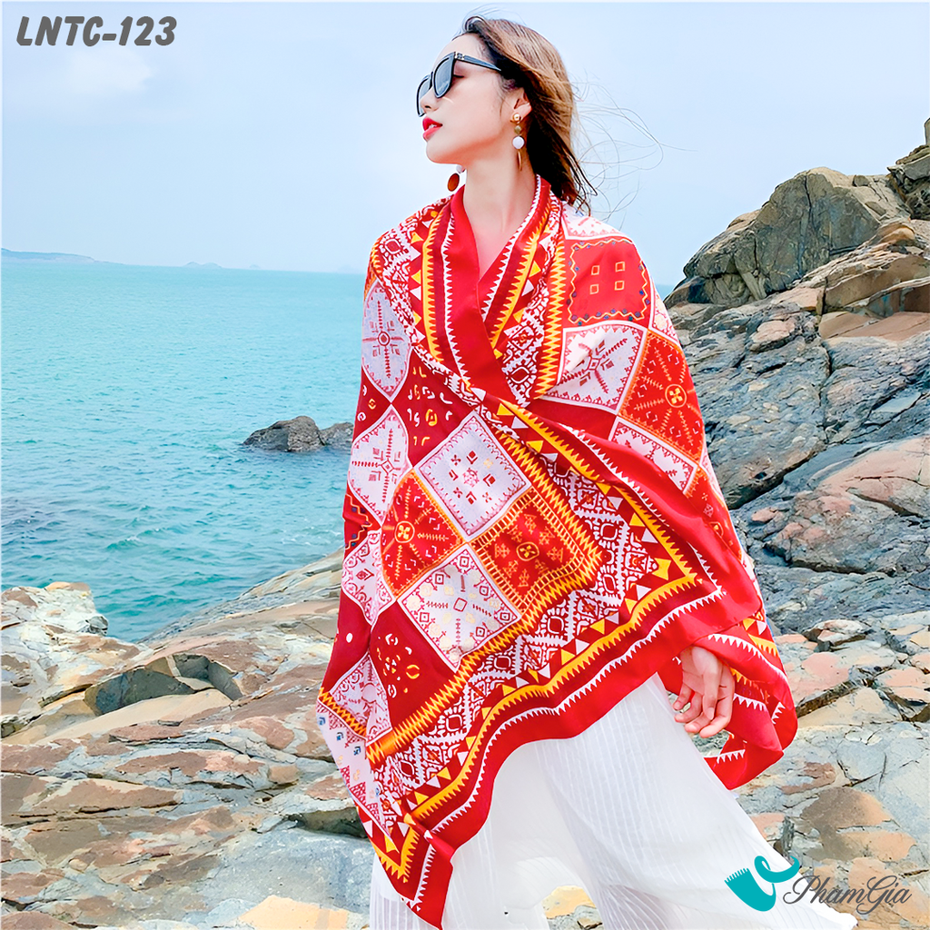 Người Mẫu Choàng Khăn Choàng Linen Boho Họa Tiết Thổ Cẩm Mosiac Màu Đỏ Cam Rực Rỡ