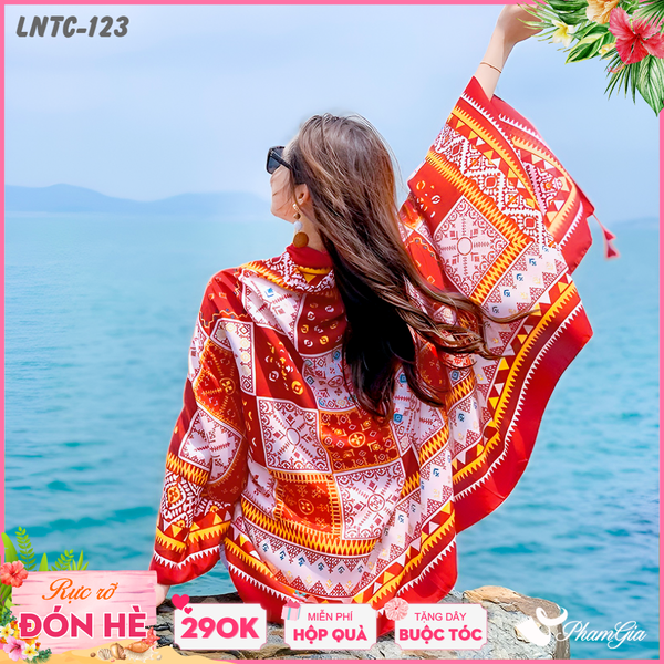 Khăn Choàng Linen Boho Họa Tiết Thổ Cẩm Mosiac Màu Đỏ Cam Rực Rỡ (LNTC123)