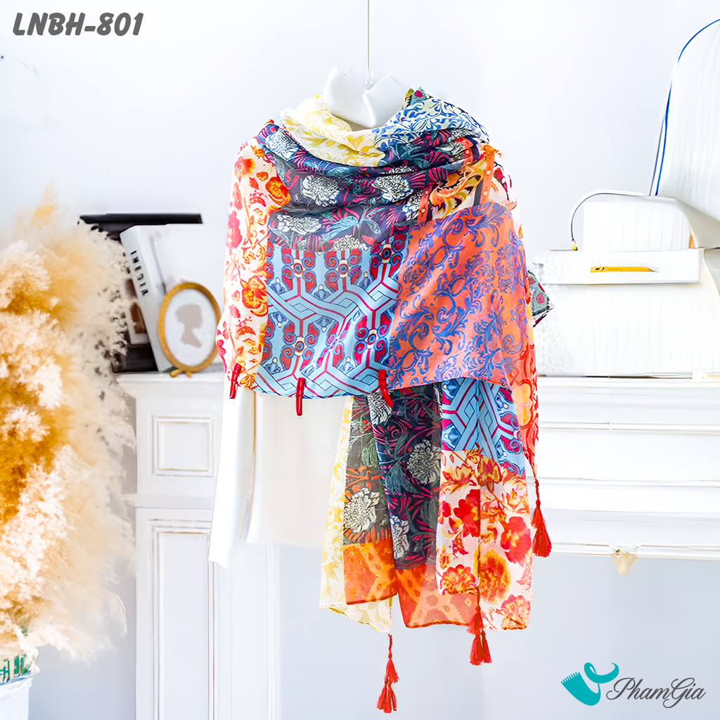 Góc Thẳng Khăn Choàng Linen Boho Họa Tiết Thổ Cẩm Phối Hoa Nhiều Màu Cá Tính