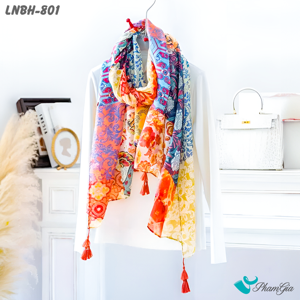 Khăn Choàng Linen Boho Họa Tiết Thổ Cẩm Phối Hoa Nhiều Màu Cá Tính