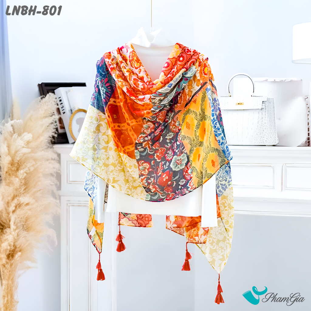 Góc Chính Diện Khăn Choàng Linen Boho Họa Tiết Thổ Cẩm Phối Hoa Nhiều Màu Cá Tính