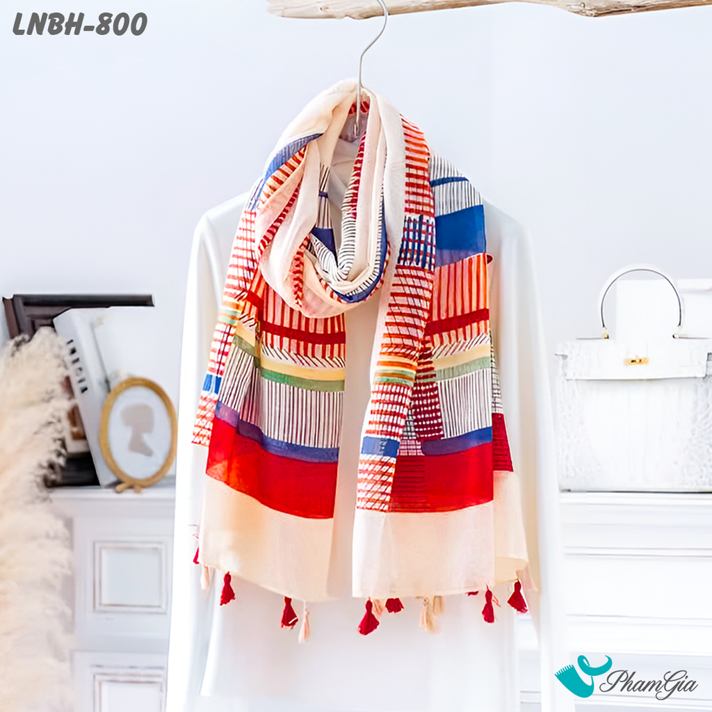 Khăn Choàng Linen Boho Họa Tiết Thổ Cẩm Phối Nhiều Màu Ấn Tượng