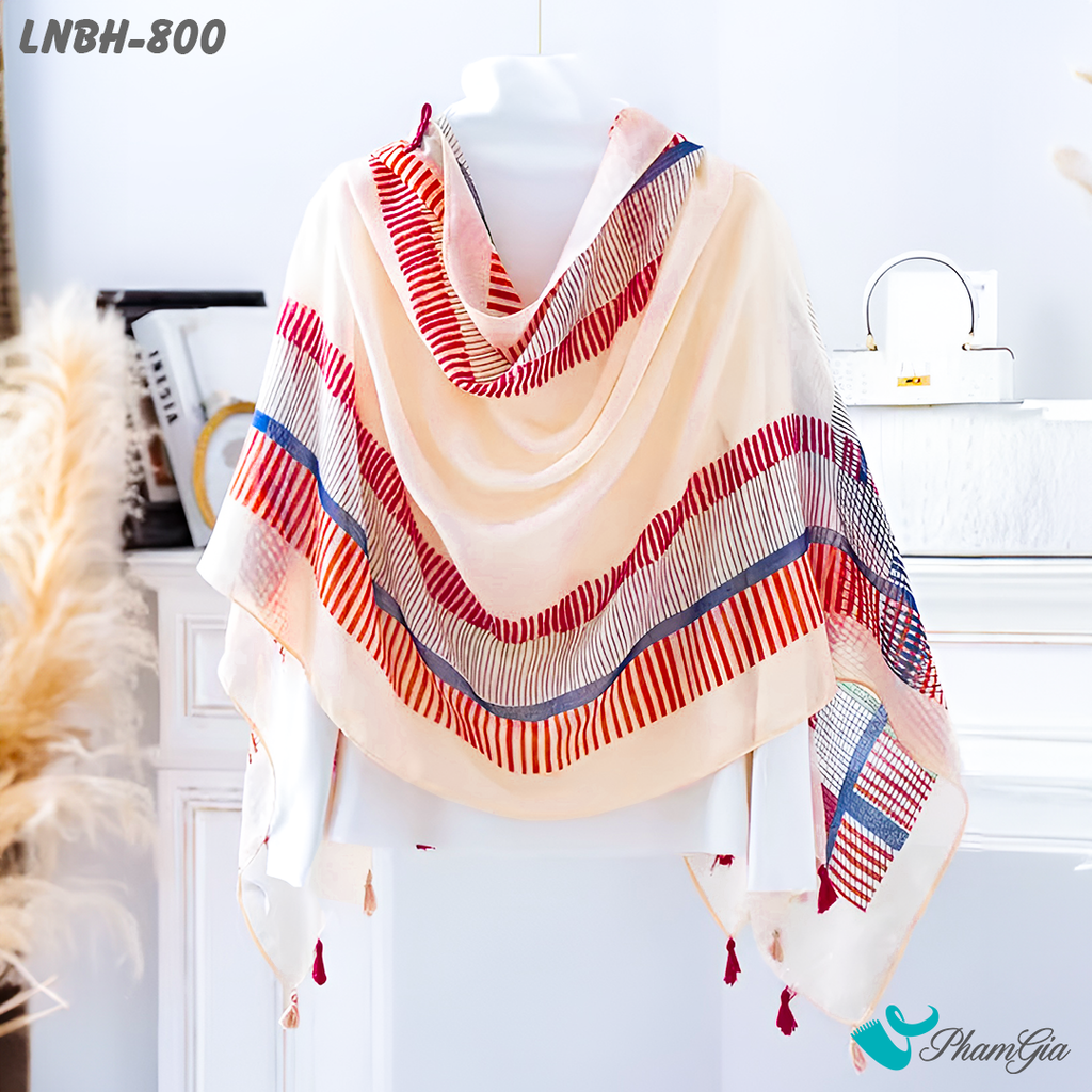 Góc Nghiêng Khăn Choàng Linen Boho Họa Tiết Thổ Cẩm Phối Nhiều Màu Ấn Tượng