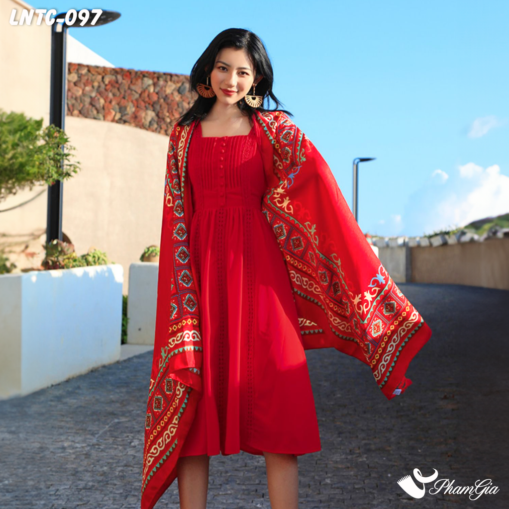 Khăn Choàng Linen Boho Họa Tiết Thổ Cẩm Tribal Màu Đỏ Rực Rỡ