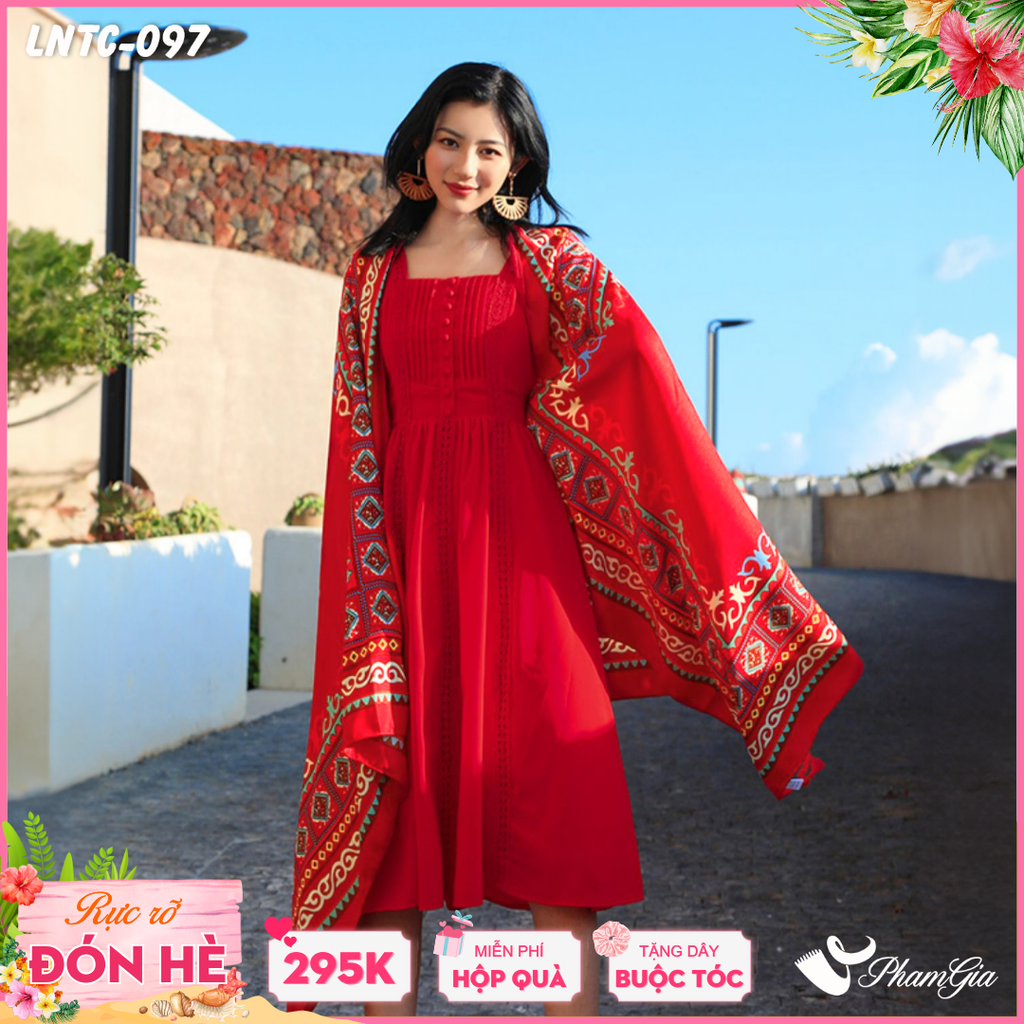 Khăn Choàng Linen Boho Họa Tiết Thổ Cẩm Tribal Màu Đỏ Rực Rỡ