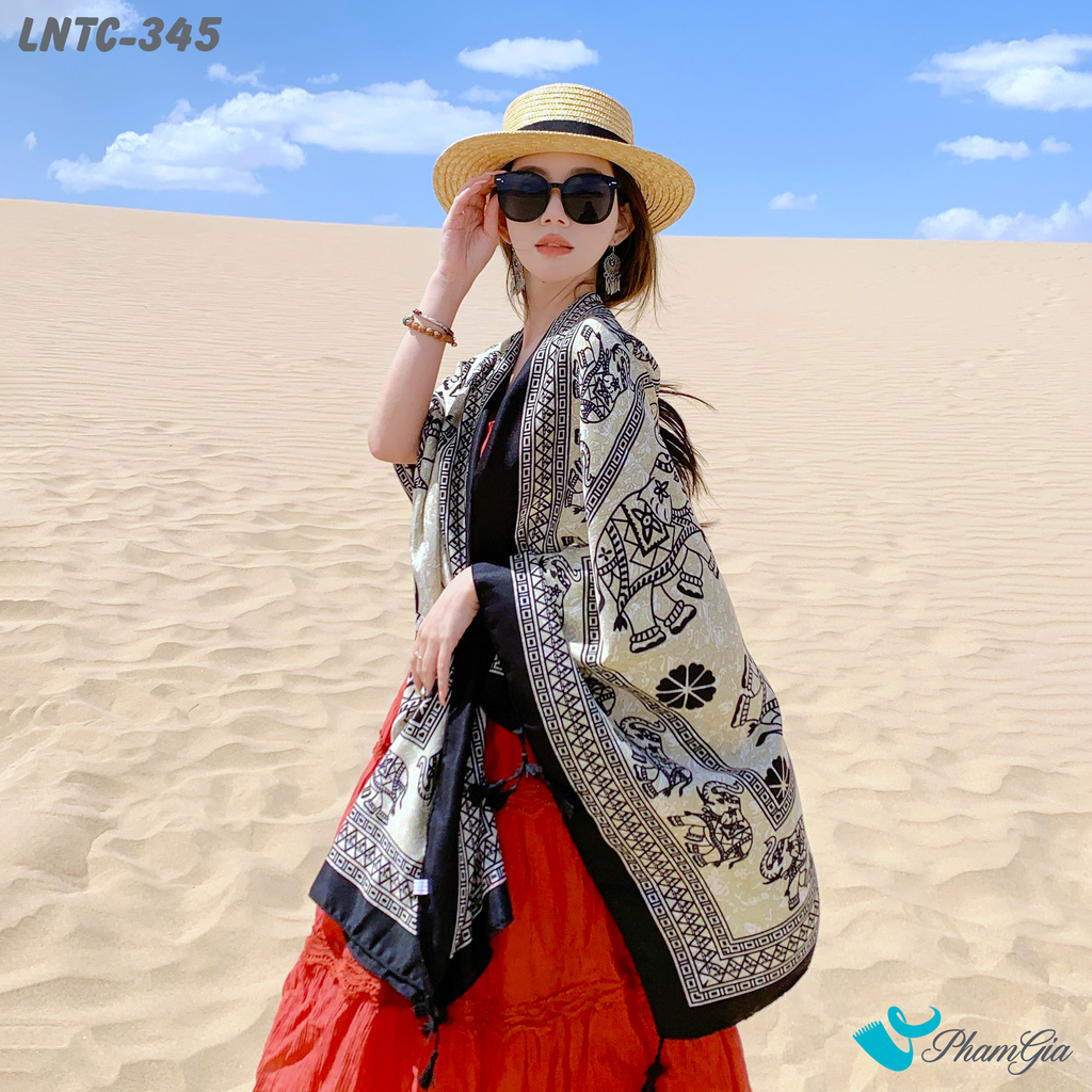Khăn Choàng Linen Boho Họa Tiết Voi Ấn Độ Màu Trắng Đen Huyền Bí