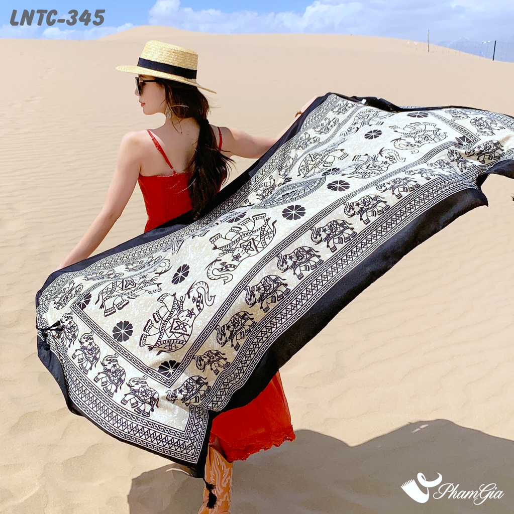 Họa Tiết Khăn Choàng Linen Boho Họa Tiết Voi Ấn Độ Màu Trắng Đen Huyền Bí