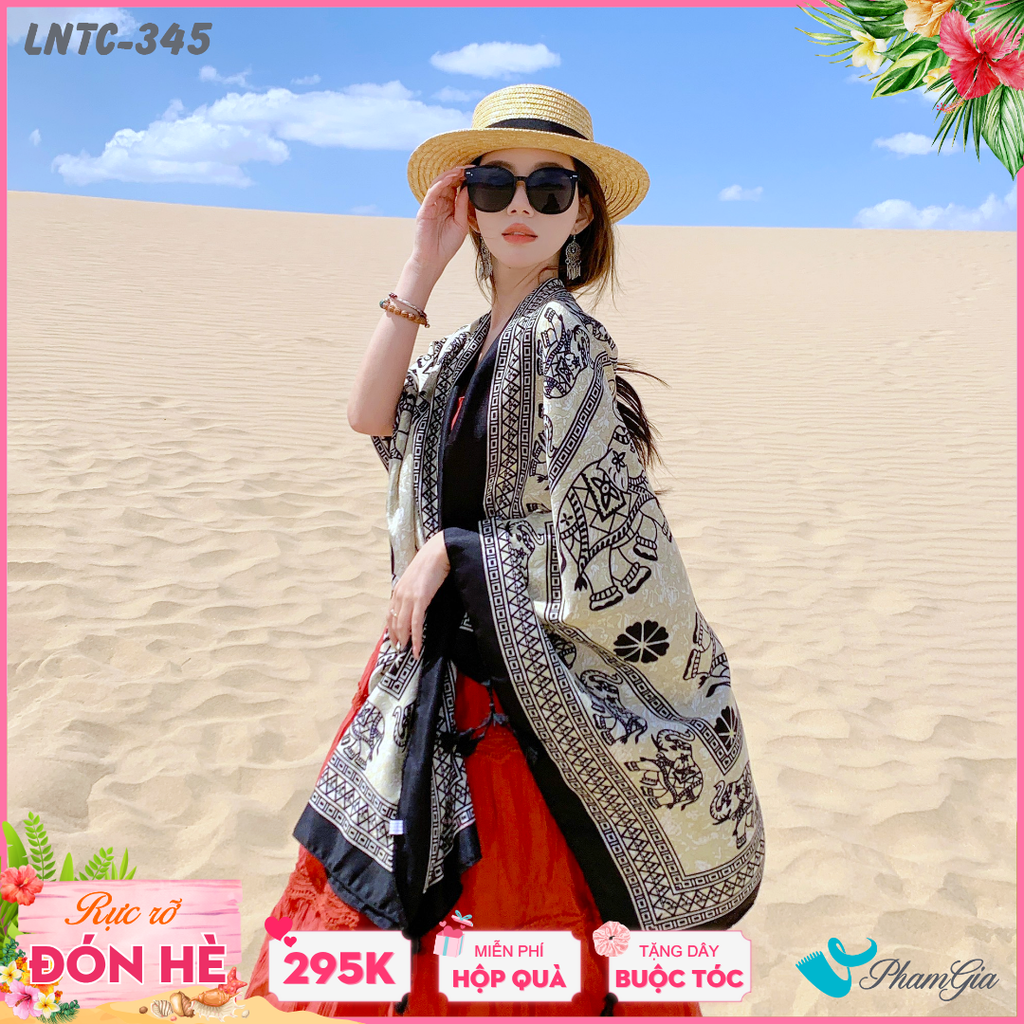 Khăn Choàng Linen Boho Họa Tiết Voi Ấn Độ Màu Trắng Đen Huyền Bí