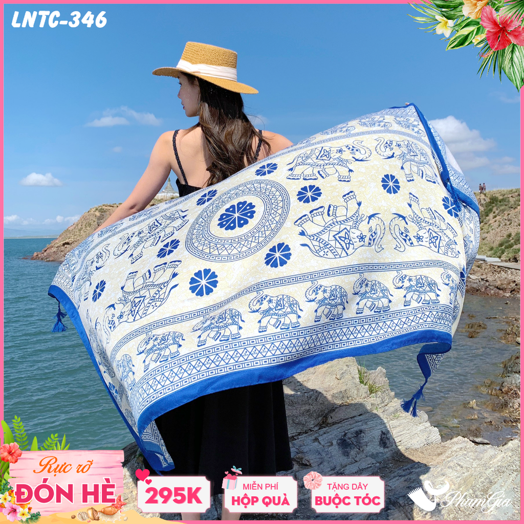 Khăn Choàng Linen Boho Họa Tiết Voi Ấn Độ Màu Xanh Coban Ấn Tượng
