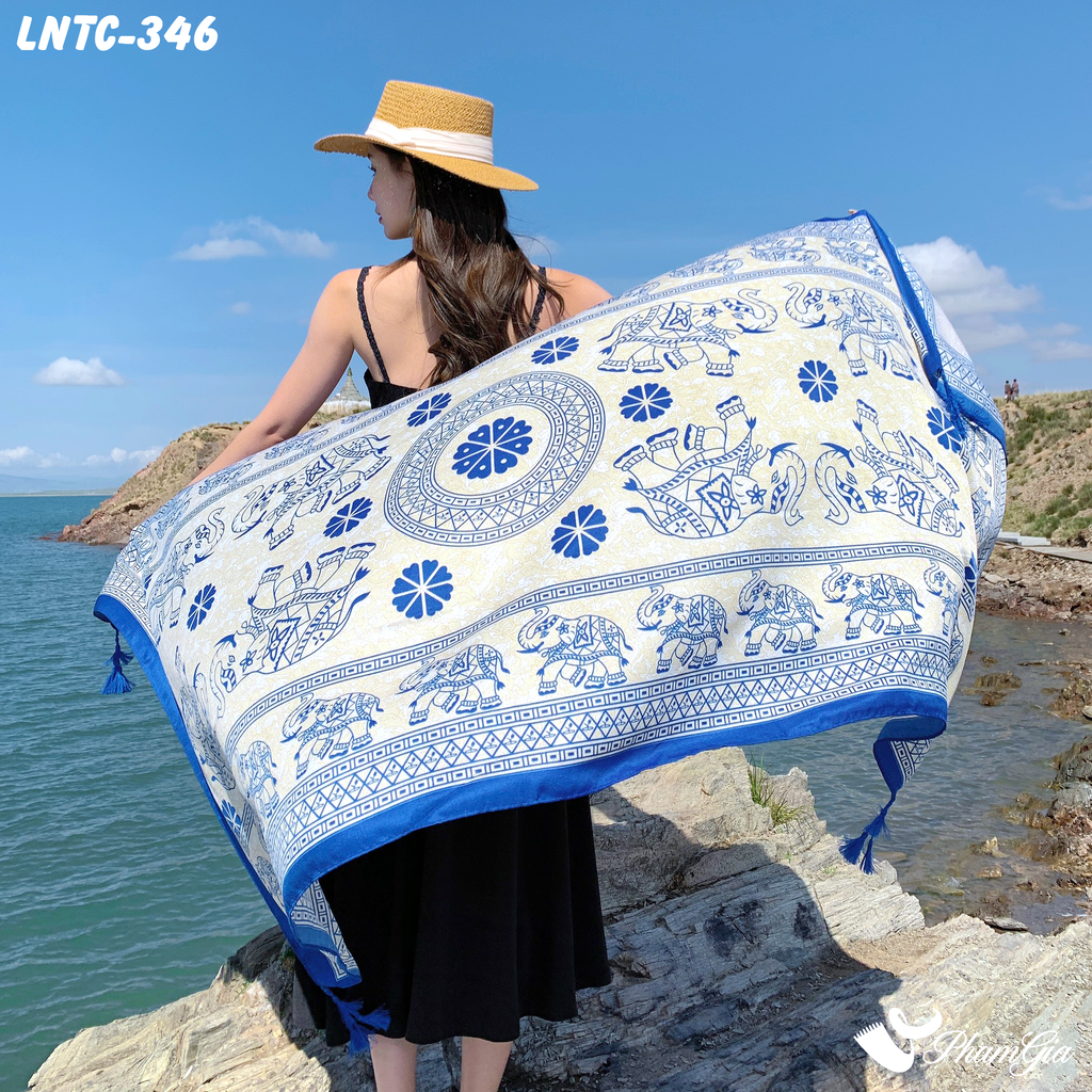 Khăn Choàng Linen Boho Họa Tiết Voi Ấn Độ Màu Xanh Coban Ấn Tượng
