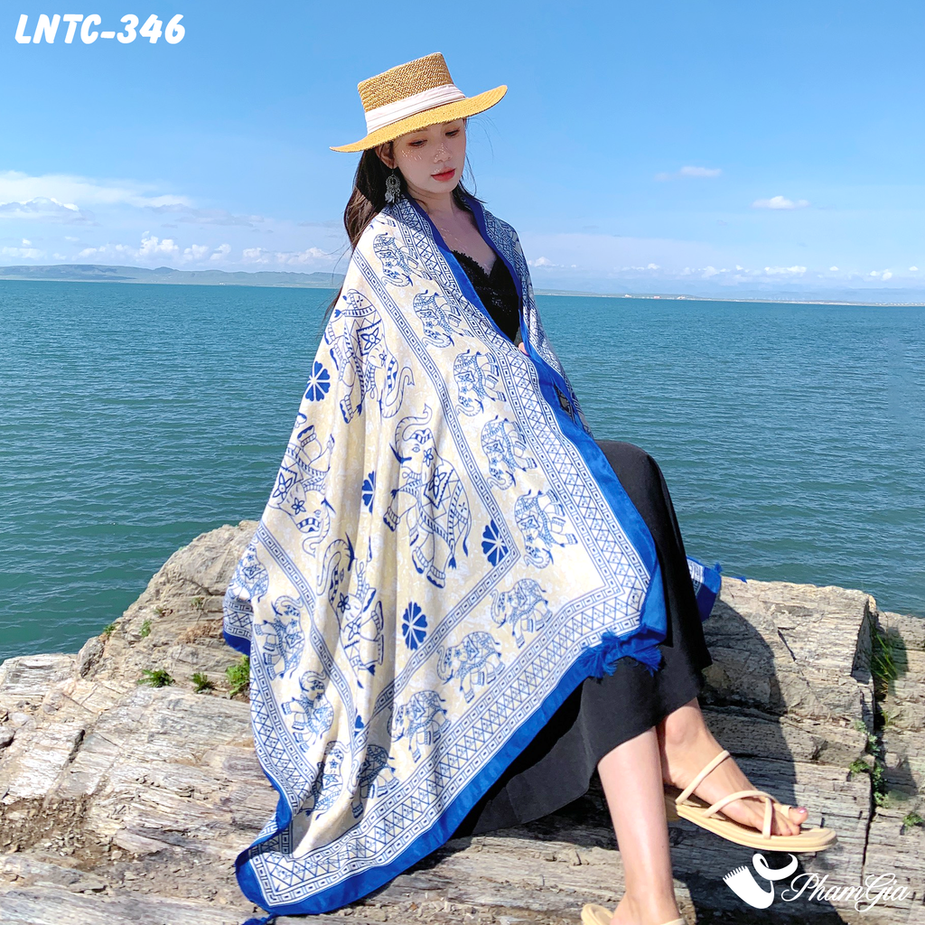 Người Mẫu Choàng Khăn Choàng Linen Boho Họa Tiết Voi Ấn Độ Màu Xanh Coban Ấn Tượng