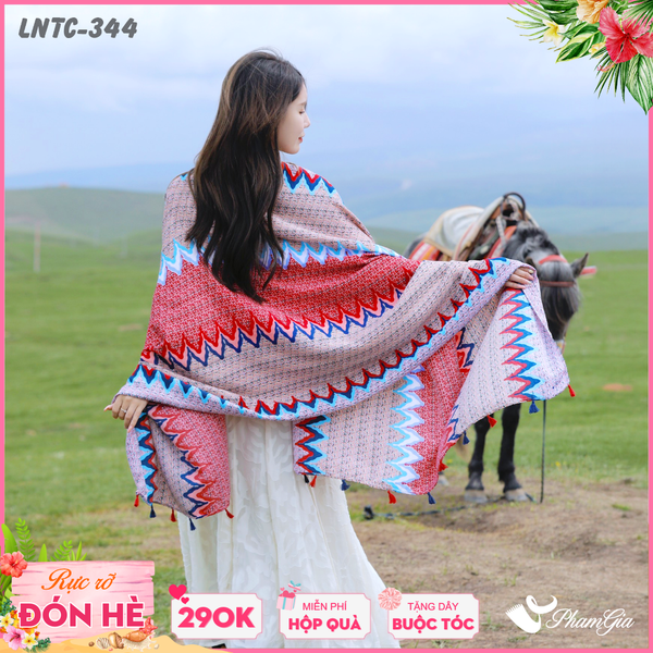Khăn Choàng Linen Boho Họa Tiết Ziczac Màu Hồng Đỏ Rực Rỡ (LNTC344)