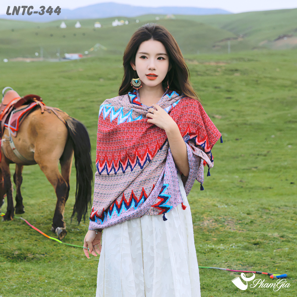 Người Mẫu Choàng Khăn Choàng Linen Boho Họa Tiết Ziczac Màu Hồng Đỏ Rực Rỡ