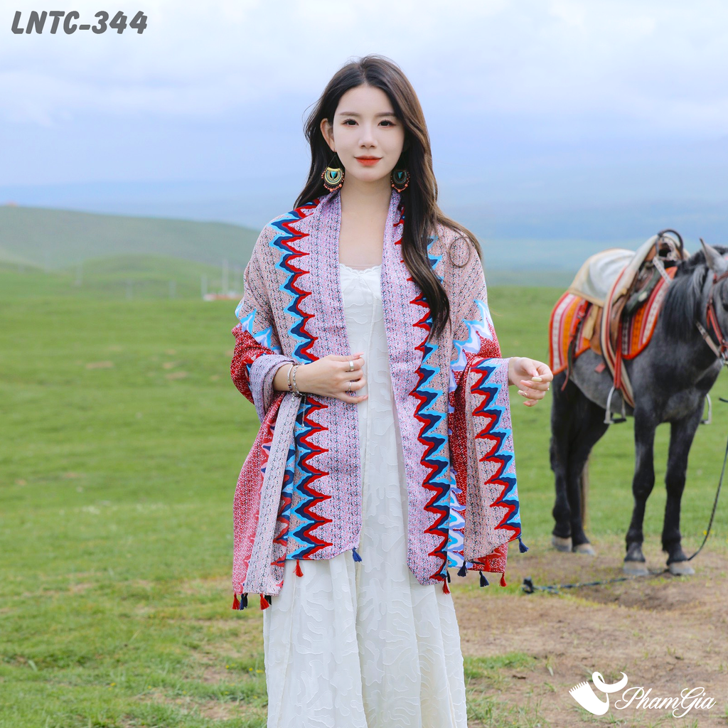 Model CHoàng Khăn Choàng Linen Boho Họa Tiết Ziczac Màu Hồng Đỏ Rực Rỡ