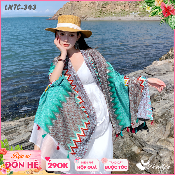 Khăn Choàng Linen Boho Họa Tiết Ziczac Màu Xám Phối Xanh Mint Tươi Tắn (LNTC343)