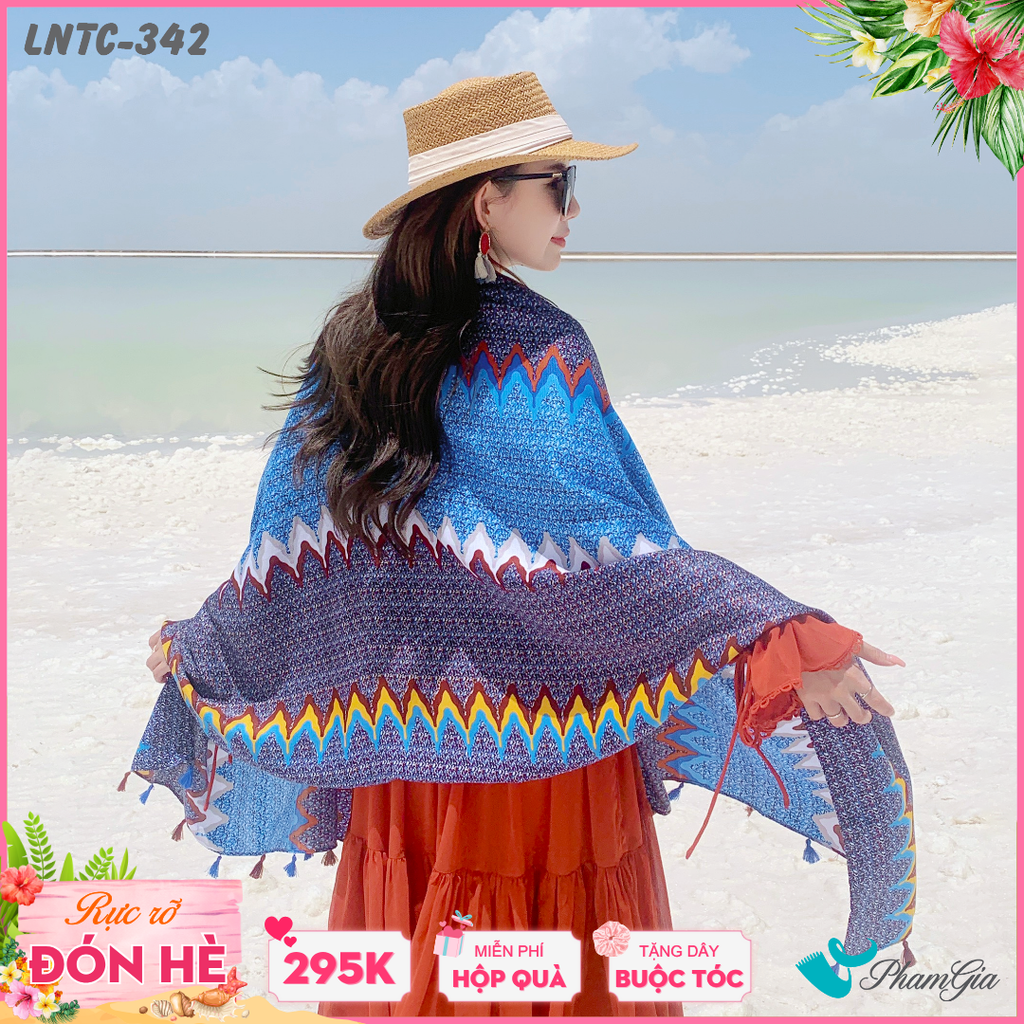 Khăn Choàng Linen Boho Họa Tiết Ziczac Màu Xanh Than Cá Tính
