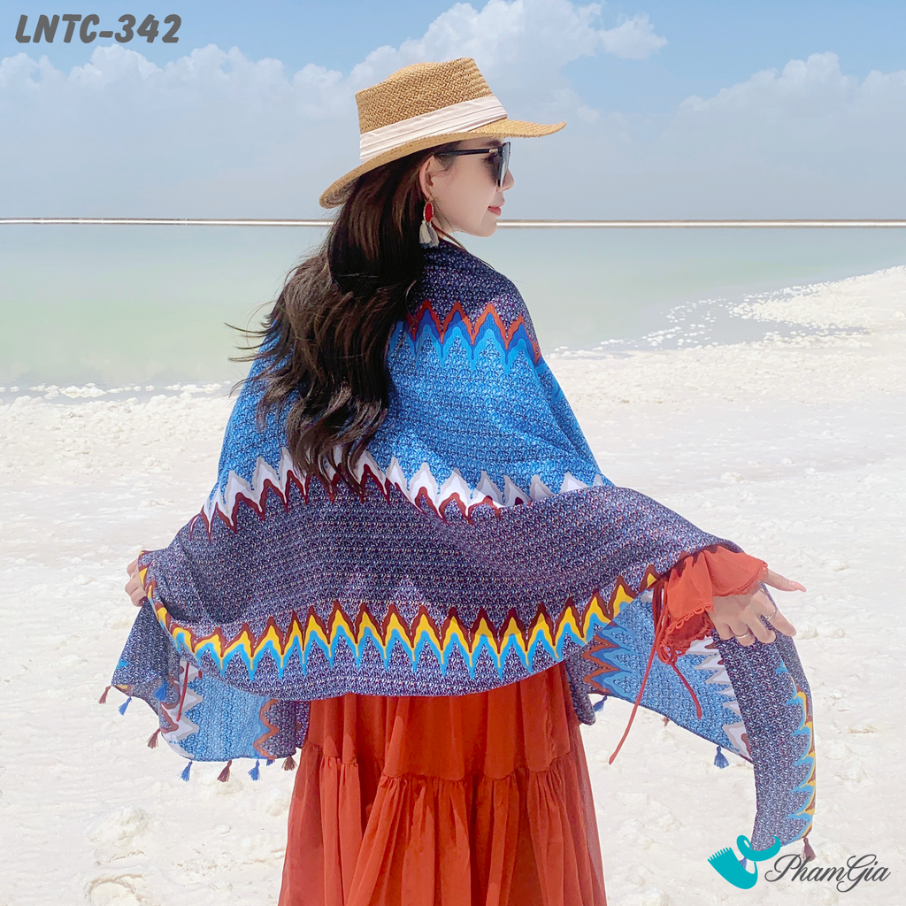 Khăn Choàng Linen Boho Họa Tiết Ziczac Màu Xanh Than Cá Tính