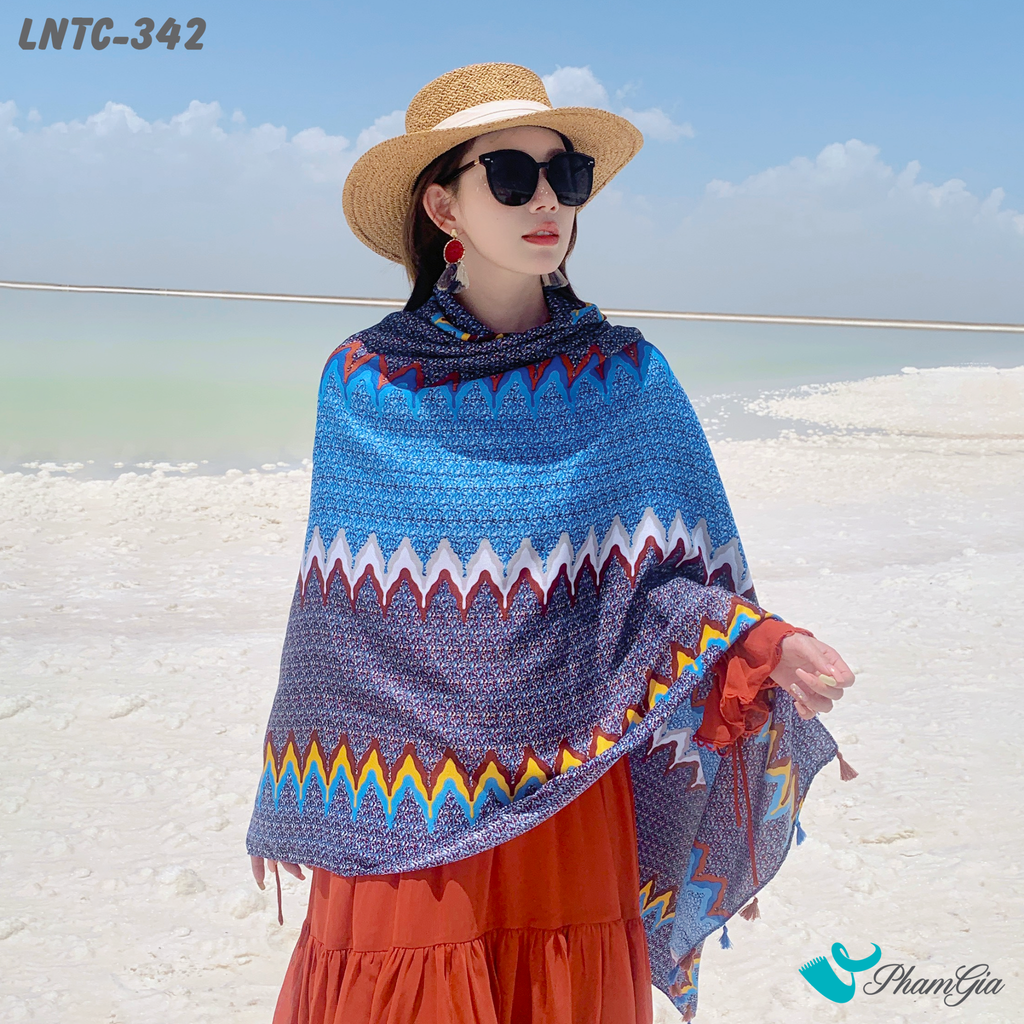 Người Mẫu CHoàng Khăn Choàng Linen Boho Họa Tiết Ziczac Màu Xanh Than Cá Tính