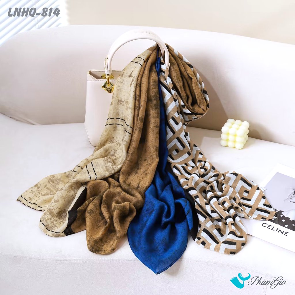 Khăn Choàng Linen Phong Cách Hàn Quốc Hoạ Tiết Hy Lạp Nâu Xanh Cổ Điển