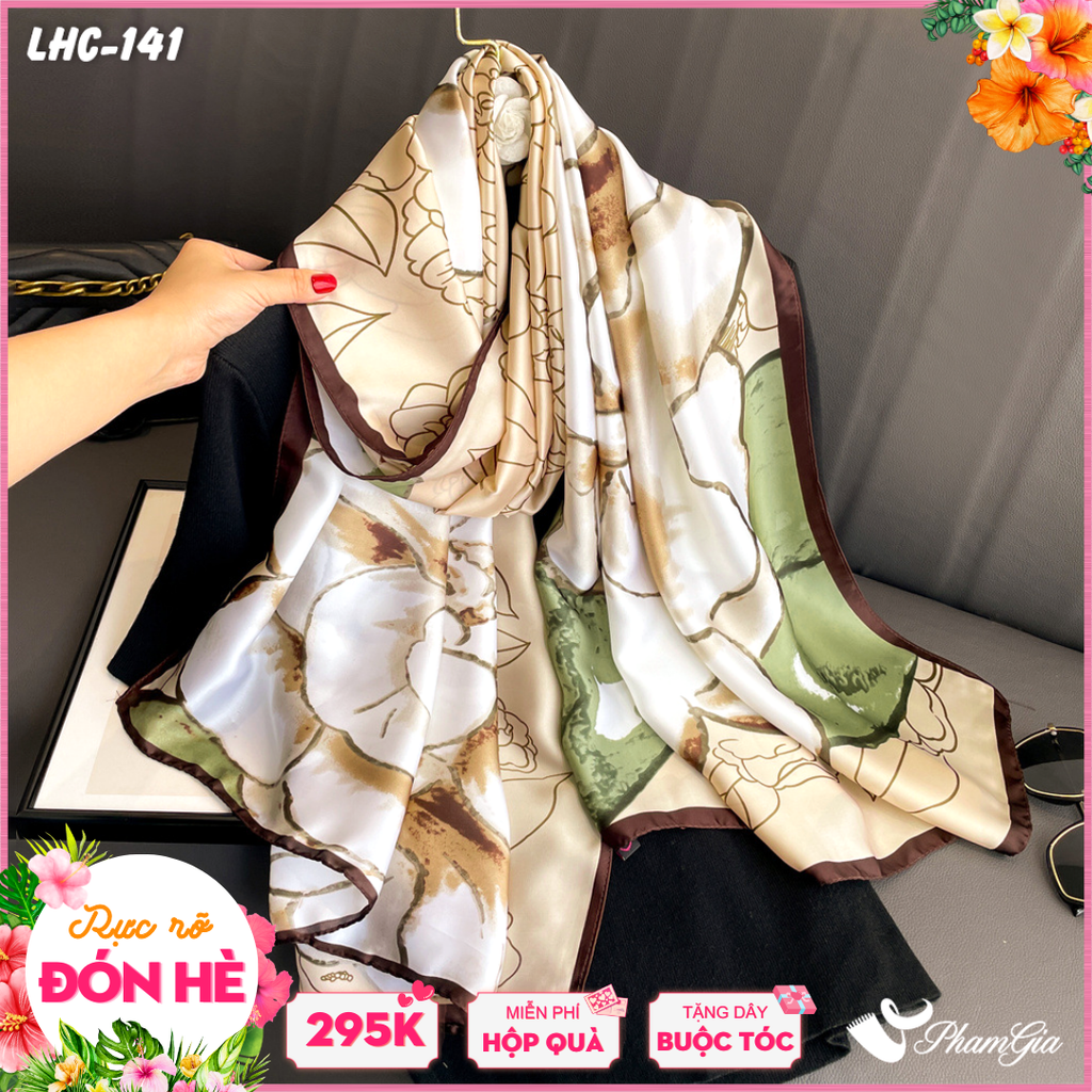 Khăn Choàng Lụa Hàng Châu Màu Beige Họa Tiết Hoa Trà Trang Nhã