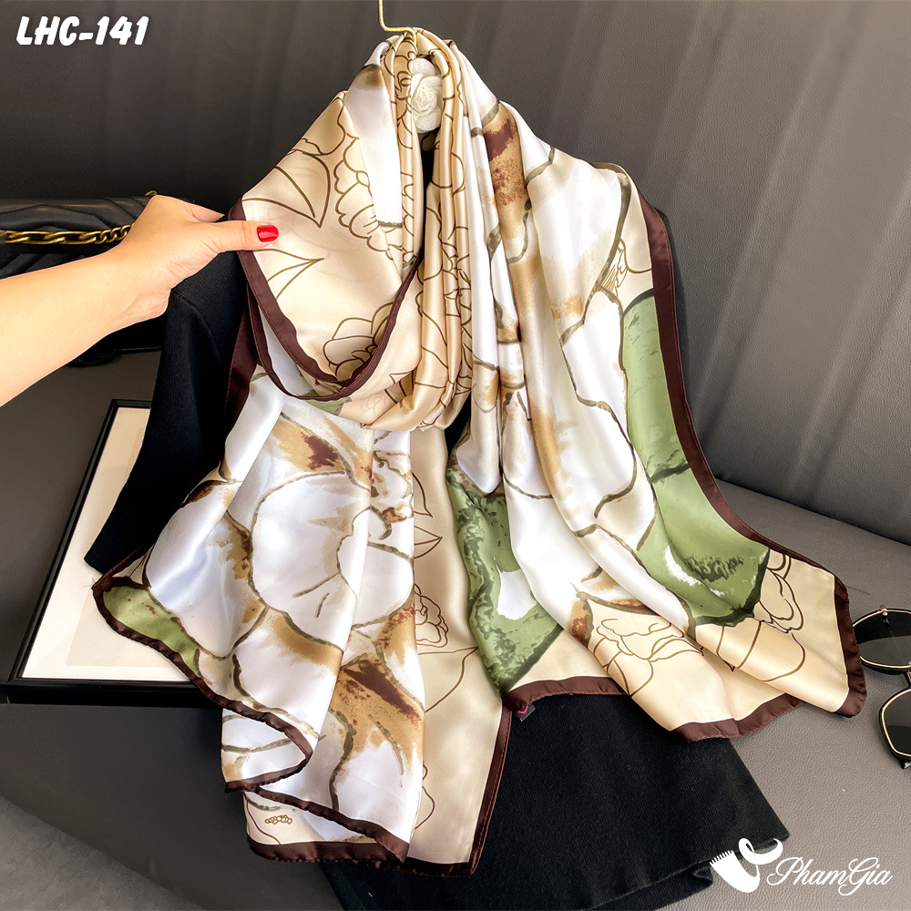 Khăn Choàng Lụa Hàng Châu Màu Beige Họa Tiết Hoa Trà Trang Nhã