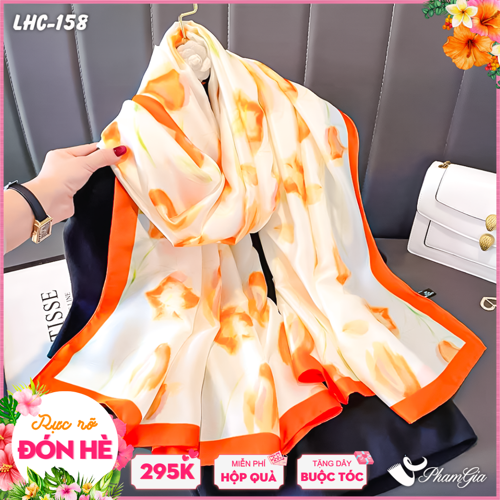 Khăn Choàng Lụa Hàng Châu Màu Cam Họa Tiết Hoa Tulip Thanh Lịch
