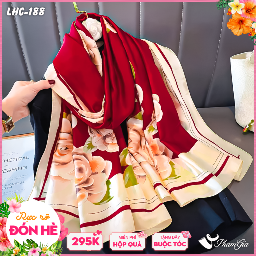 Khăn Choàng Lụa Hàng Châu Màu Đỏ Ruby Họa Tiết Hoa Hồng Kiêu Sa