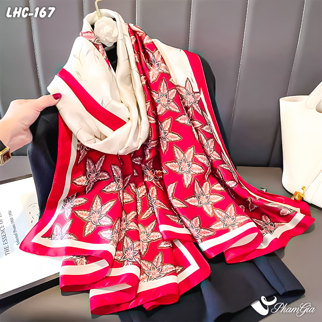 Khăn Choàng Lụa Hàng Châu Màu Đỏ Ruby Họa Tiết Lá Phong Lãng Mạn