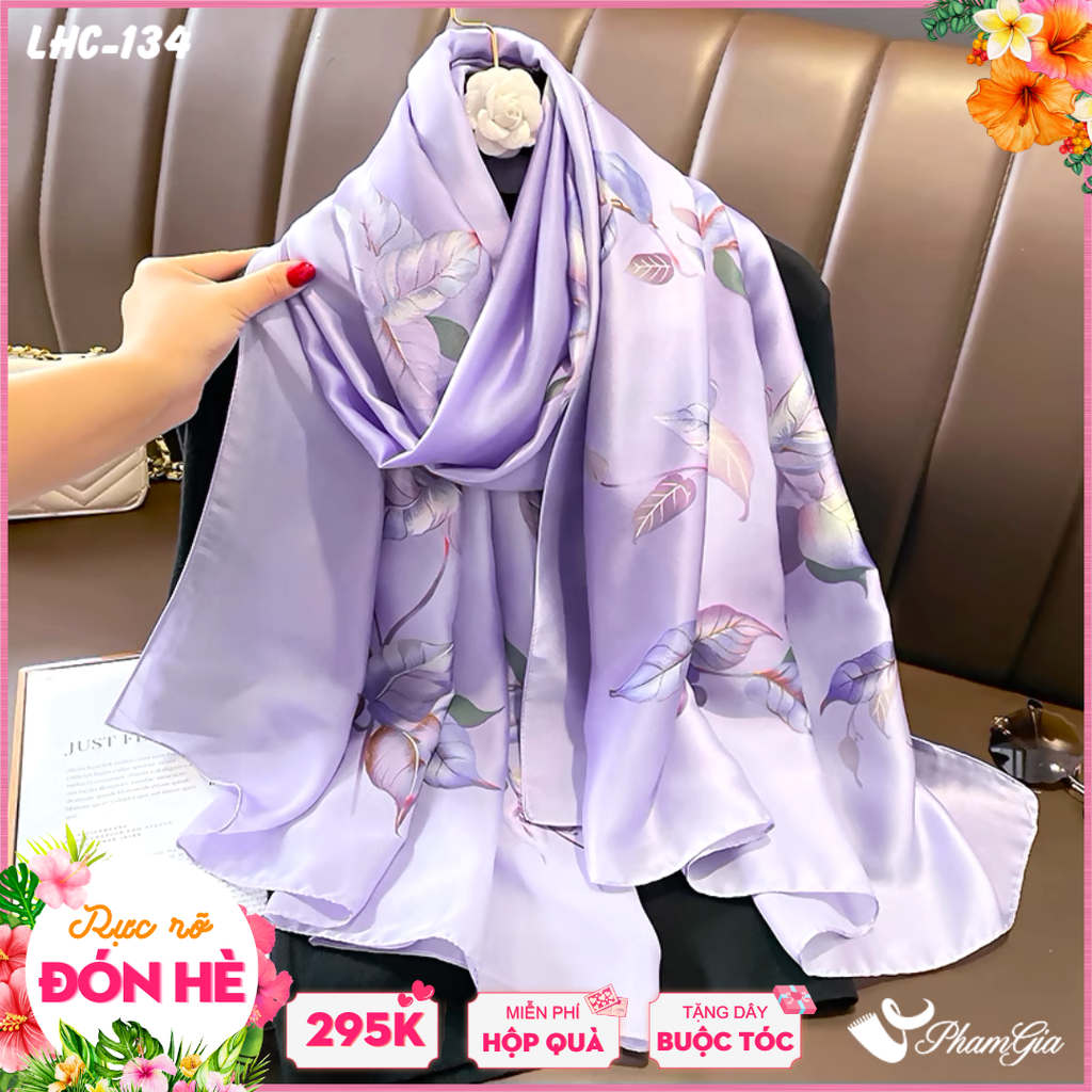 Khăn Choàng Lụa Hàng Châu Màu Tím Lilac Họa Tiết Lá Bay Bổng