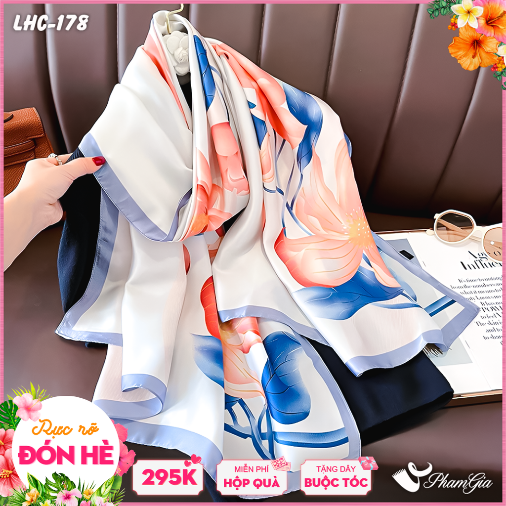 Khăn Choàng Lụa Hàng Châu Màu Trắng Họa Tiết Hoa Lily Hồng Nhẹ Nhàng
