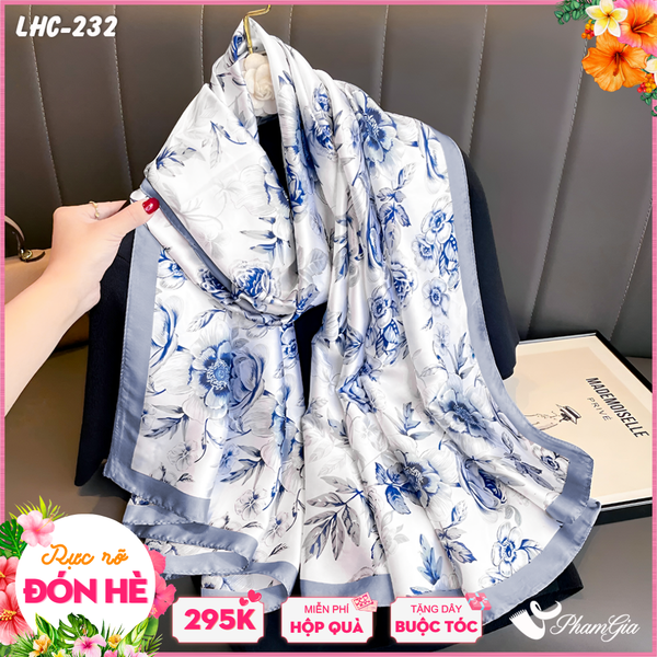 Khăn Choàng Lụa Hàng Châu Màu Trắng Họa Tiết Hoa Hồng Xanh Nhẹ Nhàng (LHC232)