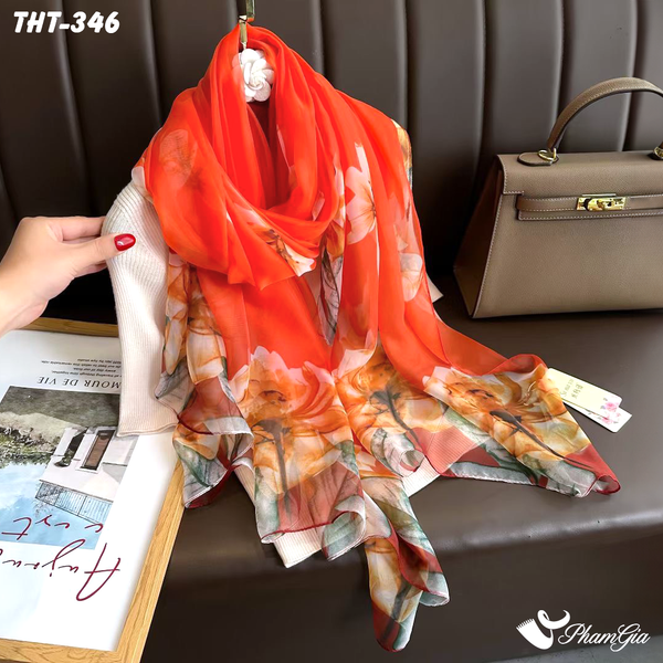 Khăn Choàng Tằm Họa Tiết Hoa Hồng Màu Cam Cháy Rực Rỡ (THT346)