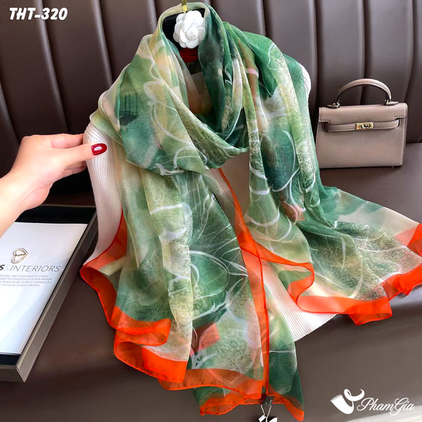 Khăn Choàng Tằm Họa Tiết Hoa Mẫu Đơn Màu Xanh Rêu Trang Nhã (THT320)