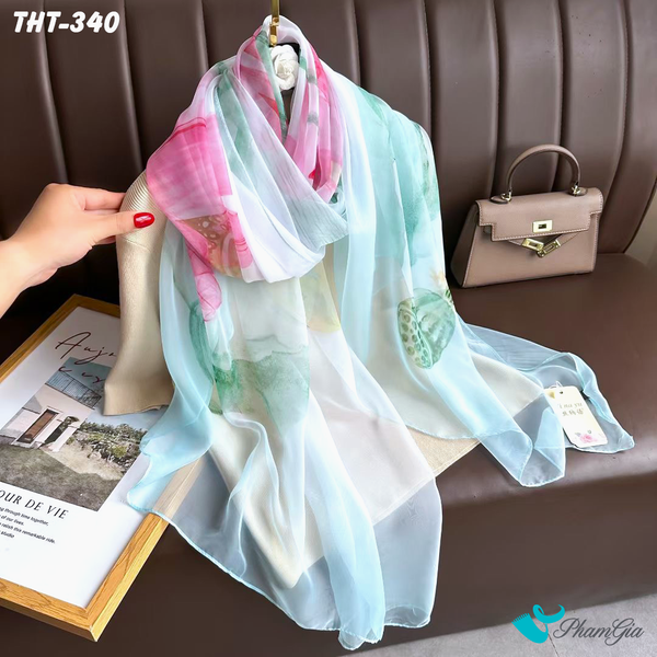 Khăn Choàng Tằm Họa Tiết Hoa Sen Màu Xanh Mint Thanh Lịch (THT340)