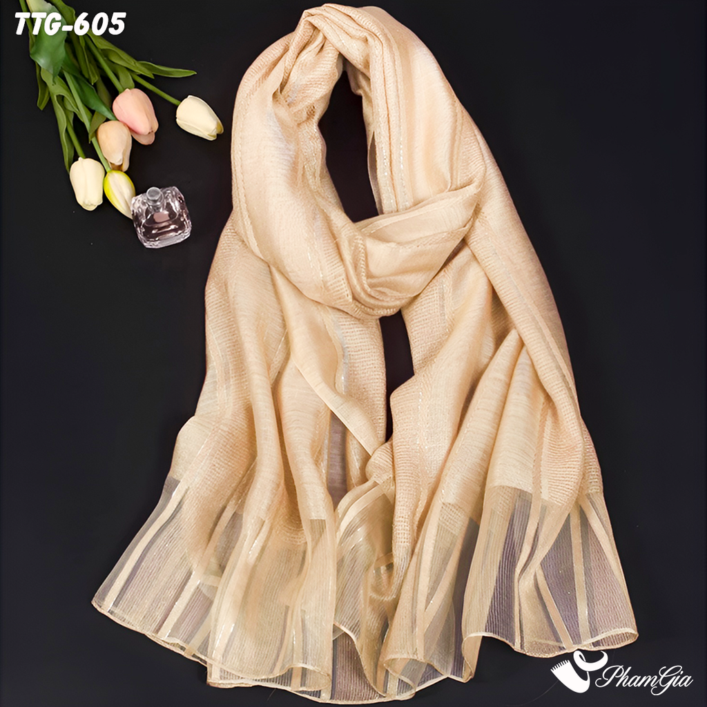 Góc Trên Khăn Choàng Tơ Tằm Gân Cao Cấp Phối Sọc Hiện Đại Màu Beige