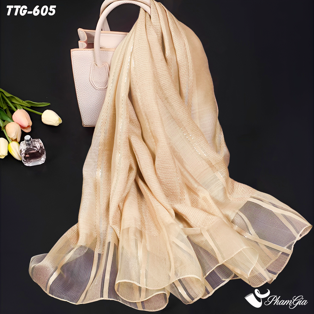 Khăn Choàng Tơ Tằm Gân Cao Cấp Phối Sọc Hiện Đại Màu Beige