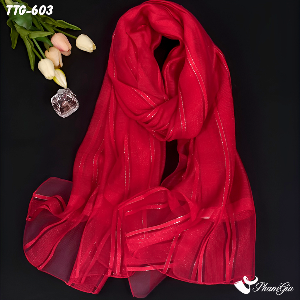 Góc Trên Khăn Choàng Tơ Tằm Gân Cao Cấp Phối Sọc Hiện Đại Màu Đỏ Tulip