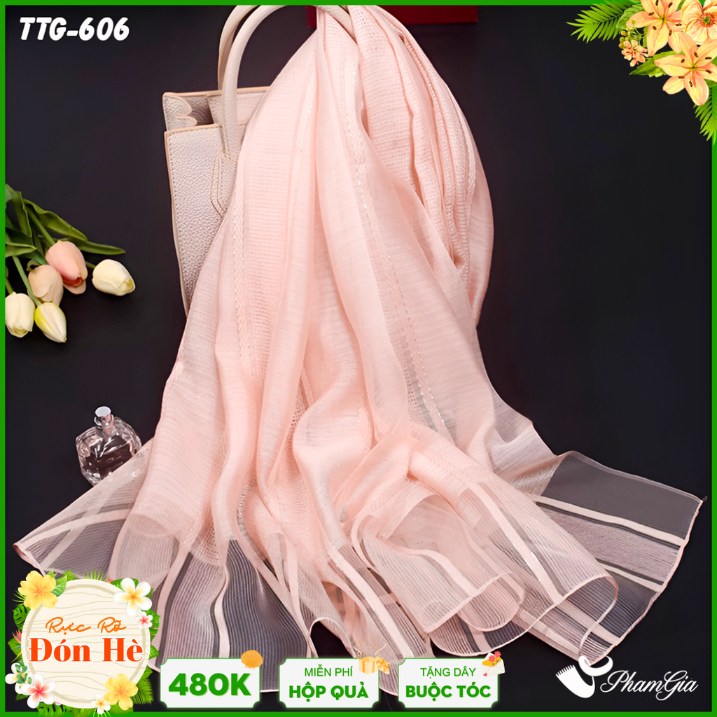 Khăn Choàng Tơ Tằm Gân Cao Cấp Phối Sọc Hiện Đại Màu Hồng Cam Sữa