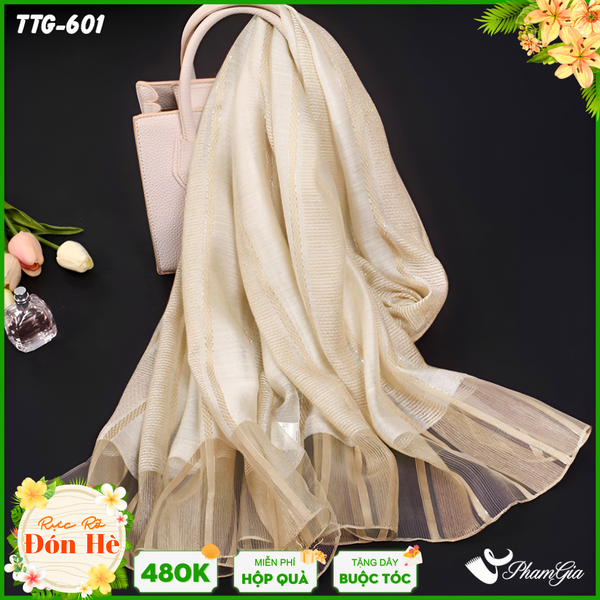 Khăn Choàng Tơ Tằm Gân Cao Cấp Phối Sọc Hiện Đại Màu Sâm Panh (TTG601)