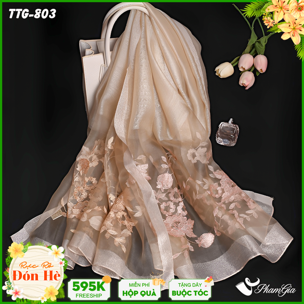 Khăn Choàng Tơ Tằm Gân Thêu Hoa Hải Quỳ Cao Cấp Màu Beige