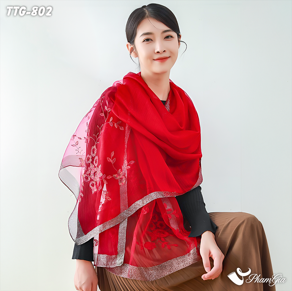 Model Choàng Khăn Choàng Tơ Tằm Gân Thêu Hoa Hải Quỳ Cao Cấp Màu Đỏ Cherry
