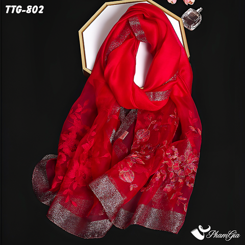 Khăn Choàng Tơ Tằm Gân Thêu Hoa Hải Quỳ Cao Cấp Màu Đỏ Cherry (TTG802)