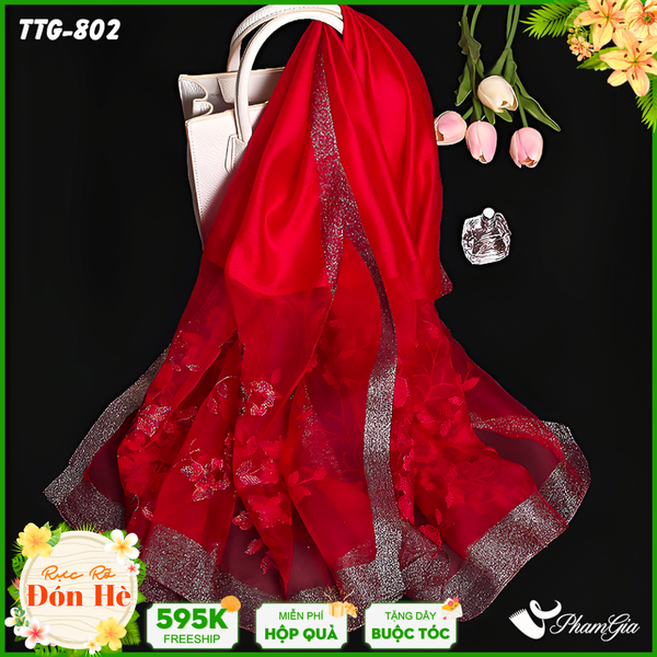 Khăn Choàng Tơ Tằm Gân Thêu Hoa Hải Quỳ Cao Cấp Màu Đỏ Cherry (TTG802)