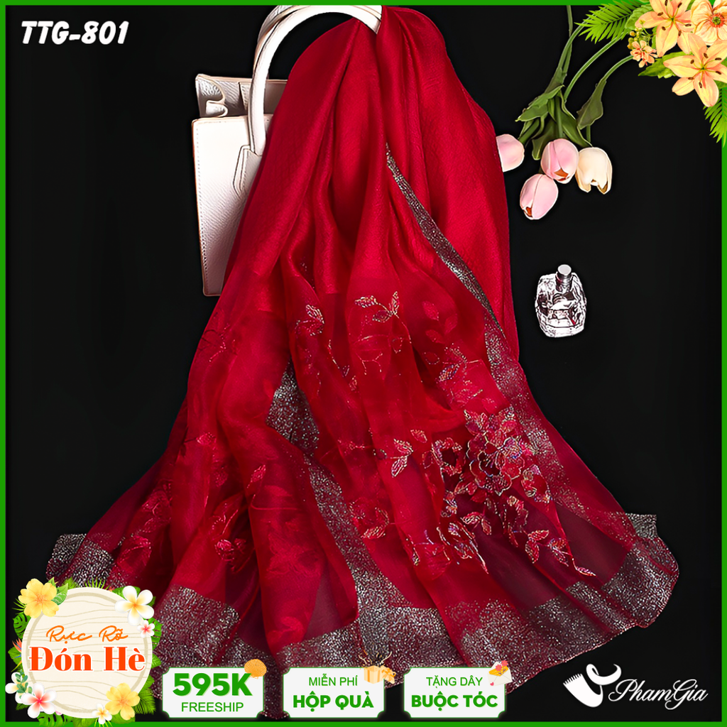 Khăn Choàng Tơ Tằm Gân Thêu Hoa Hải Quỳ Cao Cấp Màu Đỏ Đô