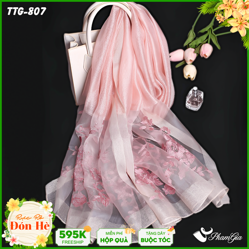 Khăn Choàng Tơ Tằm Gân Thêu Hoa Hải Quỳ Cao Cấp Màu Hồng Dâu